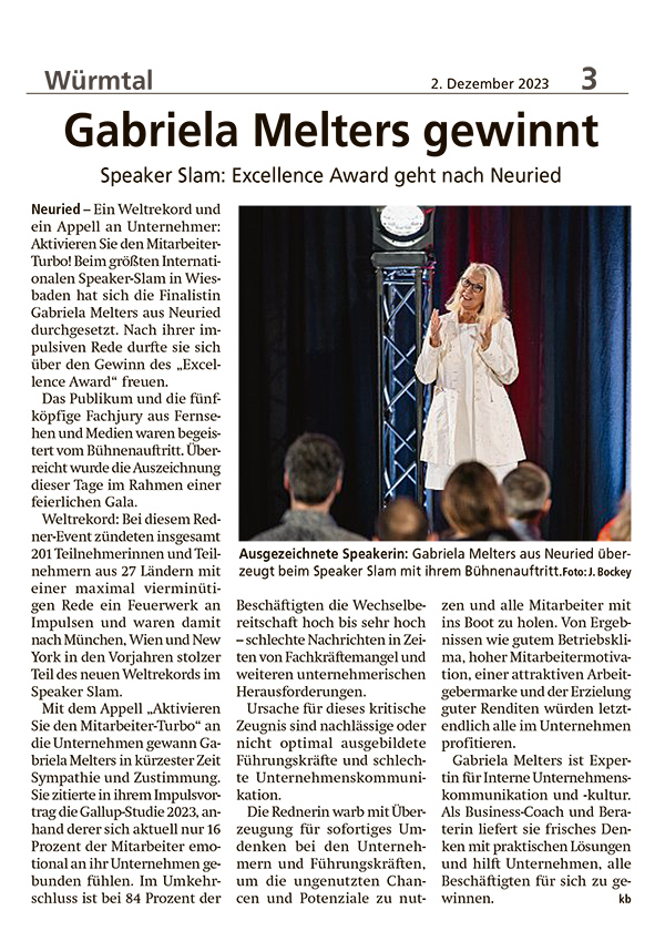 Presse Wuermtal Gabriela Melters Speakerin Excellence Award